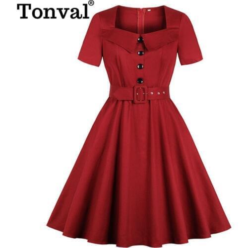 Tonval Pin Up Women Square Collar Button Front Belted 1950s Rockabilly Dress Short Sleeve Pocket Elegant Solid Vintage Dresses