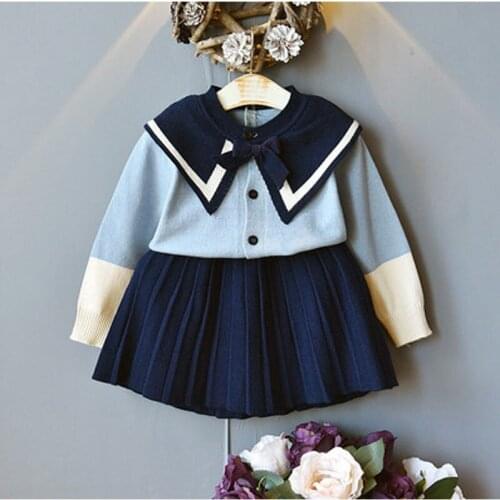 Winter Girls Clothes Set Childrens Swearter Babys Long Sleeved Knitted Tops+Pleated Skirt Autumn Girl Bow Princess Long Dress