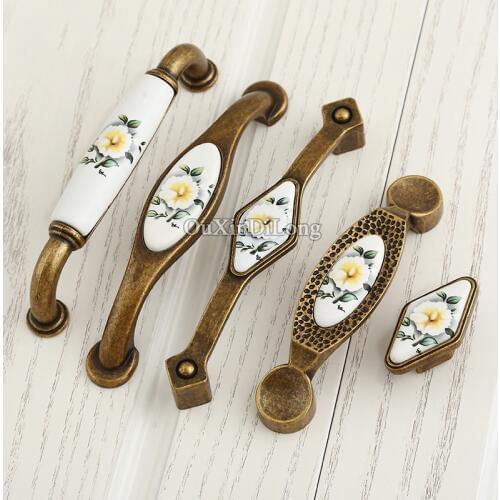 HOT 10PCS European Antique Kitchen Door Furniture Handle Ceramic Printing Cupboard Wardrobe Drawer Cabinet Pulls Knobs & Handles