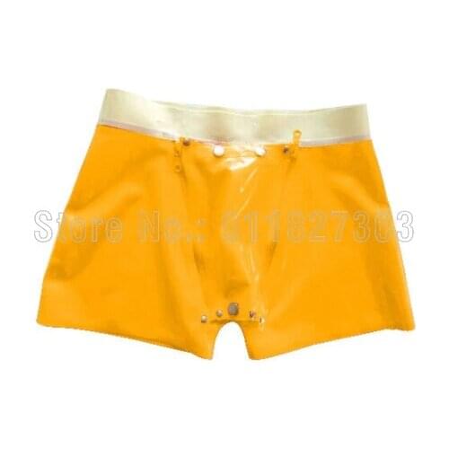 100% Latex Shorts with Snap and Zipper w hole fetish Under Pants Customized sexy Yellow Trim latex underwear w codpiece design