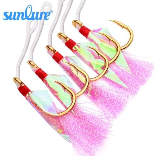 20pcs/lot Saltwater Fishing Hooks with Pink Feather 1/0-9/0 JIGGING HOOKS Gold and Black 2 Colors Stainless Steel Fishing Hooks