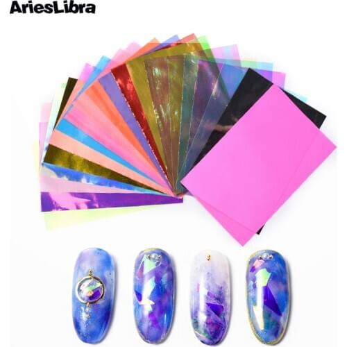 21pcs/pack Nail Cellophane Broken irregular Glass Foil Decal Mirror Foil Tips Nail Glitter Sticker for Nail Art Decoration
