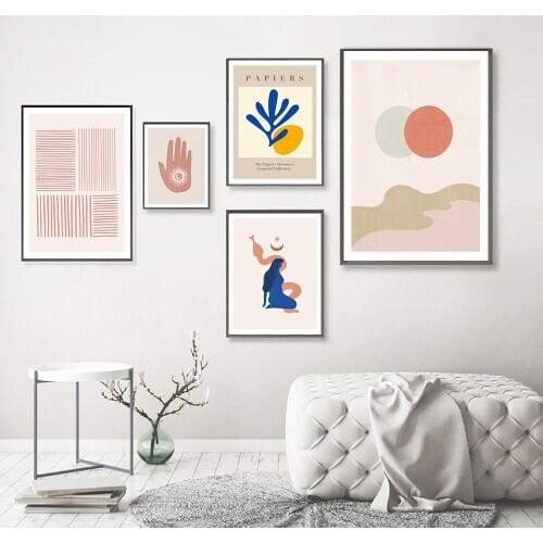Boho Abstract Poster Eclipse Sunrise Pink Line Woman Snake Canvas Painting Wall Art Pictures For Living Room Modern Decor Prins