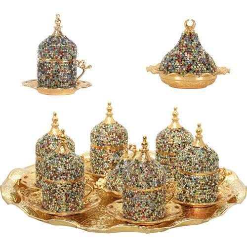 Handmade authentic Design Turkish Greek Arabic Coffee Espresso Set for 6 Service, Cups Saucers Lids Tray Delight Candy Dish GIFT
