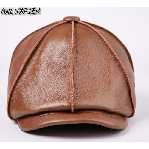 B-7207 New Arrival Genuine Leather Hat Male Cow Cap Mens Cowhide Warm Baseball Cap Adult Outdoor Octagonal Hat Ear Protective