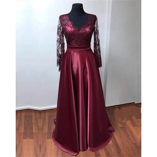 Long Satin Lace Prom Dresses 2021 V Neck Backless Long Sleeve Formal Evening Party Dress Robe De Soiree