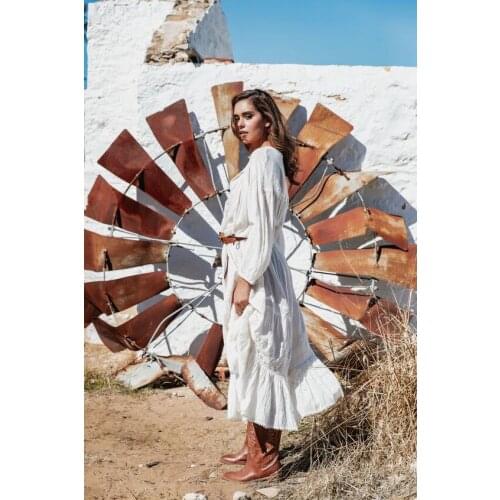 DUISNENA long boho yellow/white dress v-neck spring/autumn women dresses casual robe vestidos