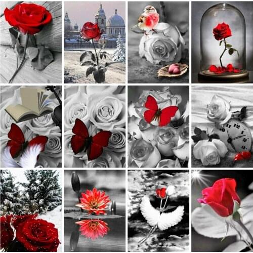 EverShine Diamond Painting Rose Cross Stitch Diamond Mosaic Butterfly Rhinestones Art Red And Black Series Handmade Embroidery