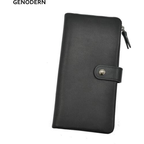 GENODERN Business Long Male Purse with Multi Card Holders Phone Bag Cow Leather Business Mens Wallets Black Long Purse for Man