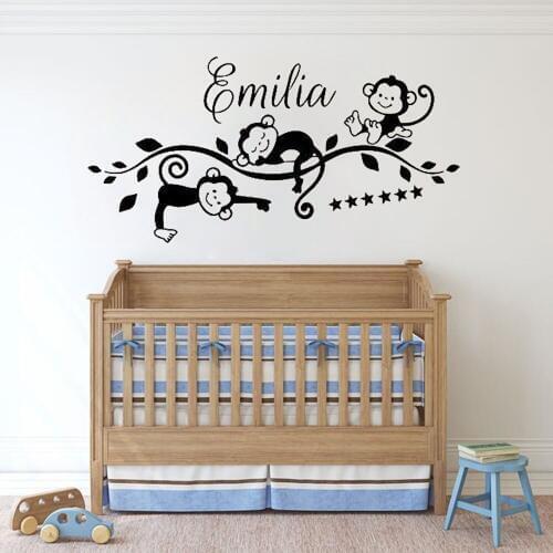 Cartoon Monkey Wall Decal Personalised Custom Name Kids Bedroom Baby Room Nursery Interior Decor Door Window Vinyl Stickers Q341