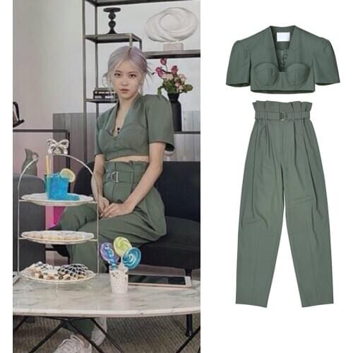 Kpop ROSE sexy slim Short sleeved Deep V-neck t shirts tops+loose casual High waist Suit trousers women two piece set