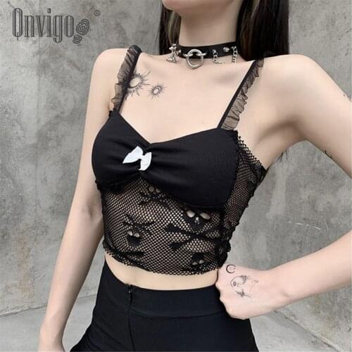 Qnvigo Sexy Umbilical Sling Perspective Stitching Printing Europe With Skull Lace Mesh Bowknot Camisole Top 2021 New