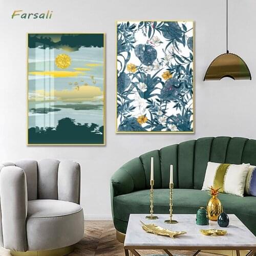 Nordic Abstract color spalsh blue golden canvas painting poster and print unique decor wall art pictures for living room bedroom