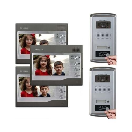 ZHUDELE 3X7"Video Door Phone Monitors+2XIR HD IR Camera w/t ID Card Unlocking function Home Security Intercom System For 2 Doors