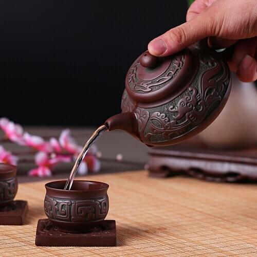 Yixing Purple Sand Tea Set Retro Bronze Flat Pot Ore Teapot Ceramic Large Teapot Kungfu Bubble Teapot Antique Dragon Tea Cup
