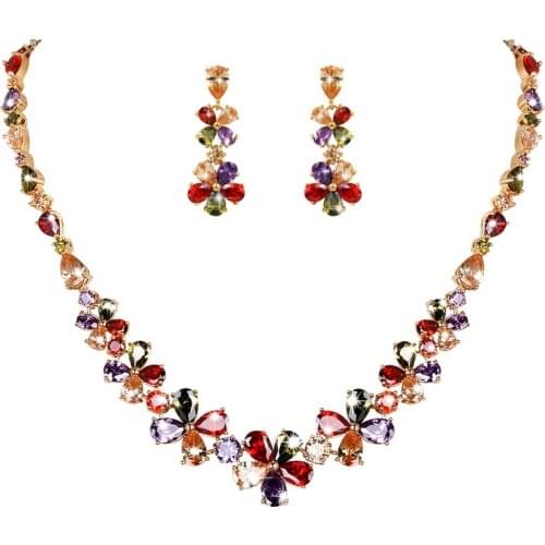 Weiman Jewelry Sparkling Multi-Color Cubic Zirconia CZ Crystal Flower Necklace and Earring Jewelry Set for Bridal Banquet