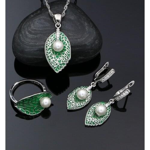 Pearl Jewelry Green Enamel Earrings Pendant Necklace Ring 925 Sterling Silver Crystal Jewelry Set for Women Wedding