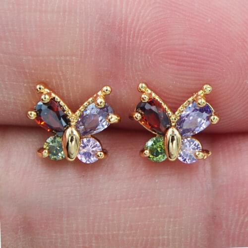Fashion Gold Color AAA+ Cubic Zirconia Multicolor CZ Cute Butterfly Stud Earrings for Women