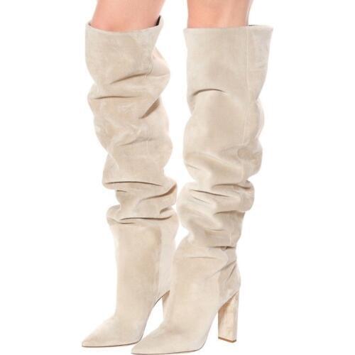 Sexy Beige Suede Pleated Over The Knee Boots Women Pointed Toe Chunky Heels Loose Runway Bootie Fashion Winter High Boot Shoes