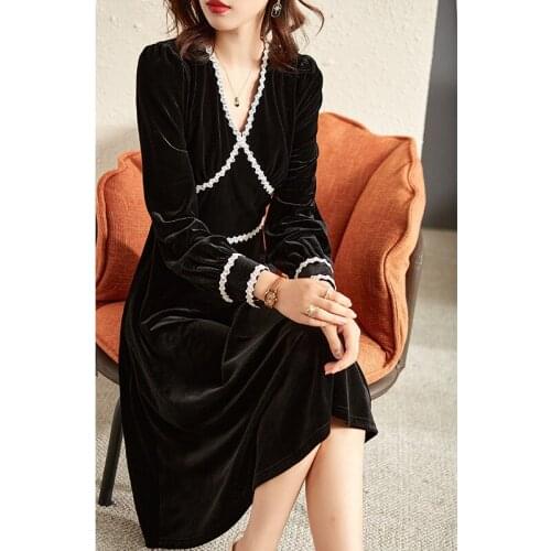 New sexy V-neck high-waisted velvet dress femininity long sleeve bottom A-line skirt dresses for women 2021