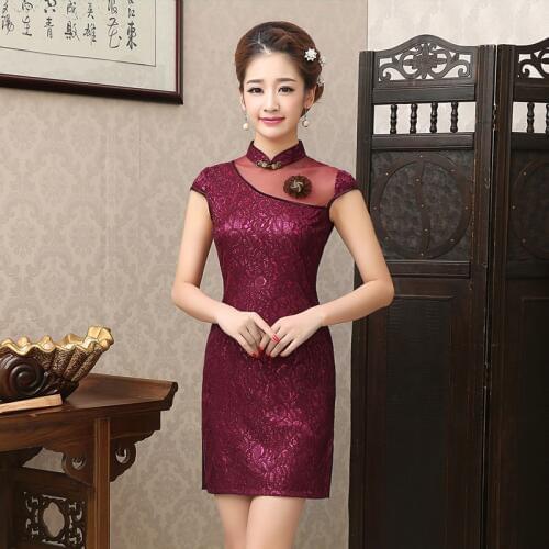 Lady Silm Lace Chinese Cheongsam Silk Cheongsam Women Elegance Evening Mini Dress Qipao Women Party Dress JQY17