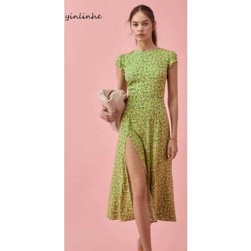 Yinlinhe Backless Summer Dress Split Slim Elegant O neck Long Dress Women French Style Holiday Green Floral Dresses Outfits 2078