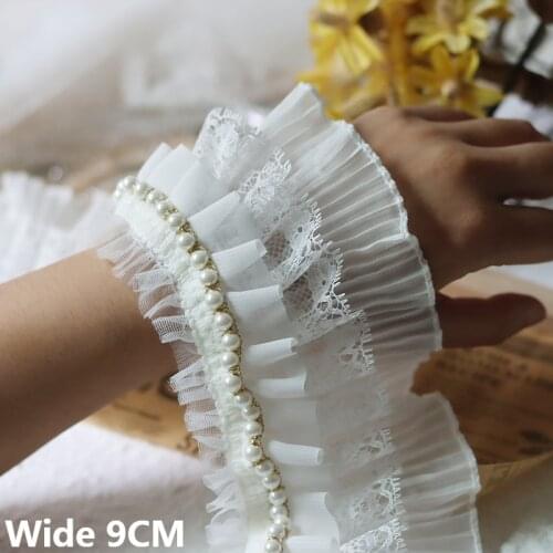 9CM Wide Three Layers White Chiffon Elastic Ruffle Lace Collar Cuffs Beaded Fringe Lace Edge Trim Dress Apparel DIY Sewing Decor