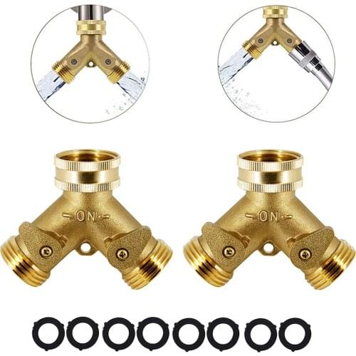 2pcs Garden Hose Splitter 2 Way Heavy Duty Brass Y Valve Hose Connector Spigot Adapter