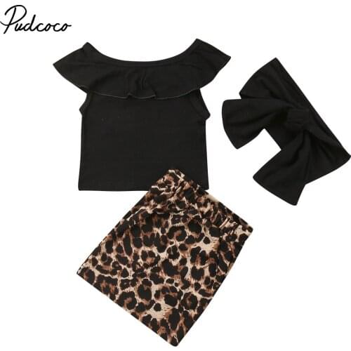 2018 Brand New Fashion Toddler Infant Kids Baby Girl Off Shoulder Tops Leopard Sheath Skirt Headband 3Pcs Set Clothes 1-6T
