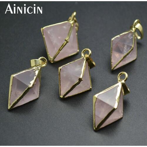 5pcs Natural Semi-precious Stone Pink Quartz Octahedral Shape Gold Color Surround Pendants