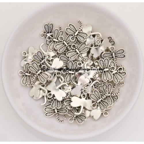 50Pcs/Lot) Zinc Alloy Tibetan Silver European Charm Dragonfly-Shape Pendant Size 12.5X12mm HA12293B