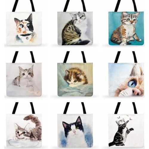 American Pastoral Watercolor Cat Print Tote Bag For Women Casual Tote Ladies Shoulder Bag Fashion Beach Tote Bags Shopping Bags