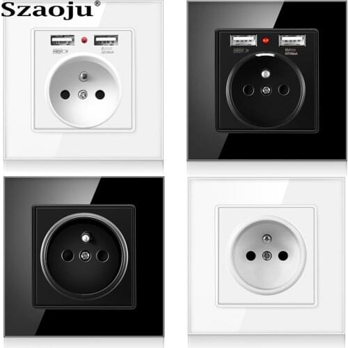 Szaoju French Standard Wall Dual USB Charging Port 2.1A LED on/off Indicator 16A Power Socket Outlet AC 220v glass crystal panel