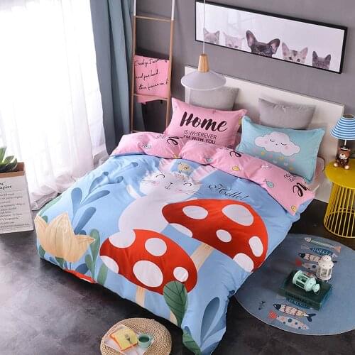PAPA&MIMA Mushroom Bunny Cartoon Linens Cotton Sheet Pillowcase Duvet Cover Bedding Set