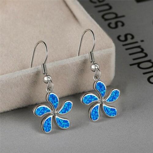 Dainty Flower Bridal Wedding Earrings Luxury Female Blue Opal Stone Drop Earrings Classic Silver Color Dangle Earrings For Women