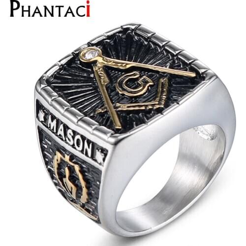 316L Stainless Steel Ring For Men Mason Freemasonry Retro Black Color Crystal Mens Ring Masonic Vintange Hiphop Punk Mens Rings
