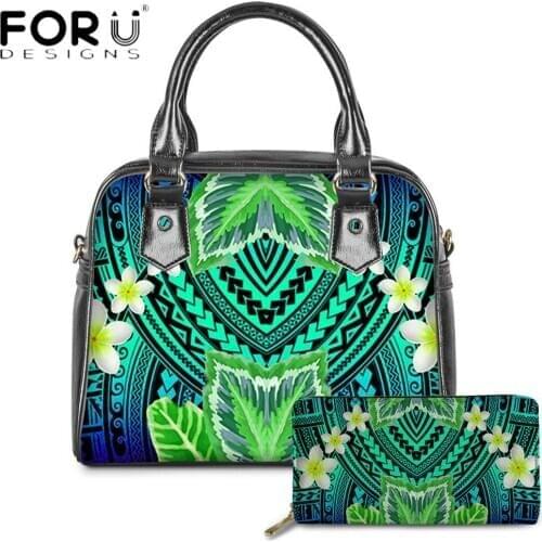 FORUDESIGNS 2pcs Set Luxury Women Totes Bag And Purse Hawaii Plumeria With Polynesian Printing PU Leather Female Hnadbag Sac
