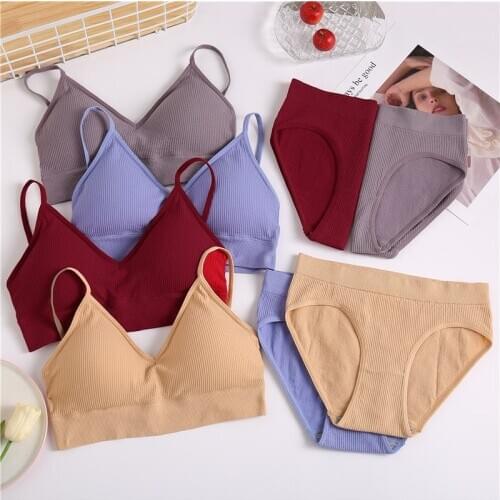 Girls Sexy Bra Panties Set Fitness Push Up Gathered Bra Set Seamless Bra Crop Top Sport Women Solid Underwear Lingerie Set