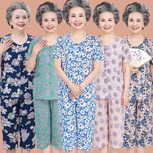 Summer Cotton Two-piece For Middle-aged Grandmother Large Size Casual Short-sleeved Tops + pants suit Women Plus Size 5XL W769