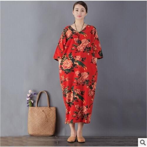 Top brand Good Spring Vintage Bird V Collar Loose dress high quality