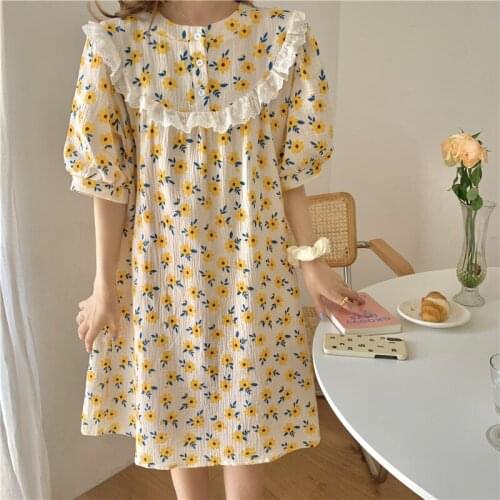 Cute lacework summer short sleeve women nightgown korean chic puff sleeve dress homewear flower print mini short sleepdress Y931