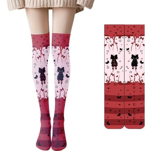3D Fashion Women Thin Stockings Red Series High Tube Thigh Socks Cute Cartoon Japanese Girl Cosplay Uniform Student JK Stockings