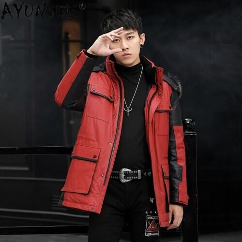 AYUNSUE Winter Jacket Men Korean Mens Genuine Cowhide Leather Jacket Men Hooded Real Raccoon Fur Collar Jackets Ropa LXR1003
