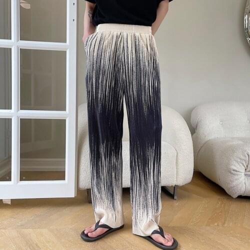Mens Fashion Summer Gradient Color Loose Pants Casual Pleated Wide Leg Pants H39