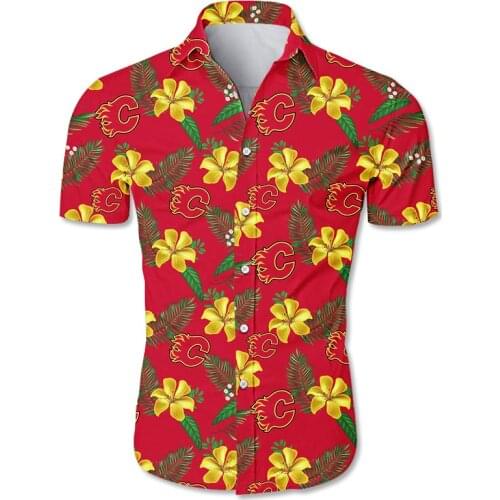Calgary mens casual hawaiian shirts Yellow flowers flame letter C printing 3D Flames tops