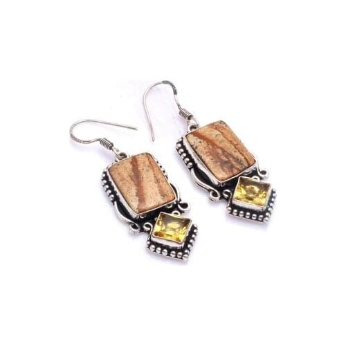 Genuine Picture Jasper Silver Overlay on Copper Earrings, 54 mm , E6133