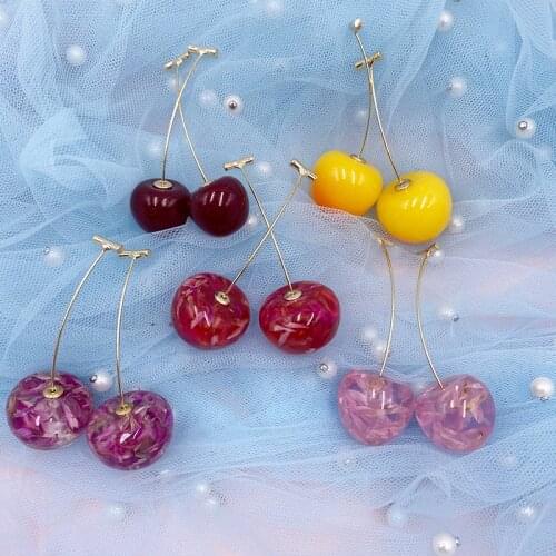 Korean Cute Transparent Resin Cherry Earrings for Women Gold Color Alloy Fruit Hanging Dangle Earrings Statement Jewelry Brincos