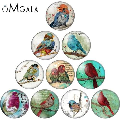 OMGALA 12mm/14mm/16mm/18mm/20mm/25mm Cartoon Animal Vintage Bird Round Photo Glass Cabochon Demo Flat Back Making Findings