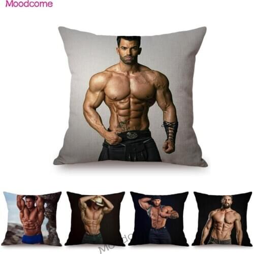 Super Sexy Hot Man Muscle Body Gym Guy Hairy Hunk Male Gay Bedroom Seduce Art Sofa Pillow Case Fit Abs Boy Linen Cushion Cover