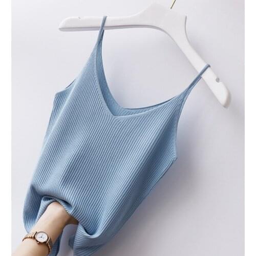 Korean Knitted Camisole Women Tank Top Loose Slim V-Neck Backless Summer Clothing Solid Tank Camis Elegant Female Camis Tops
